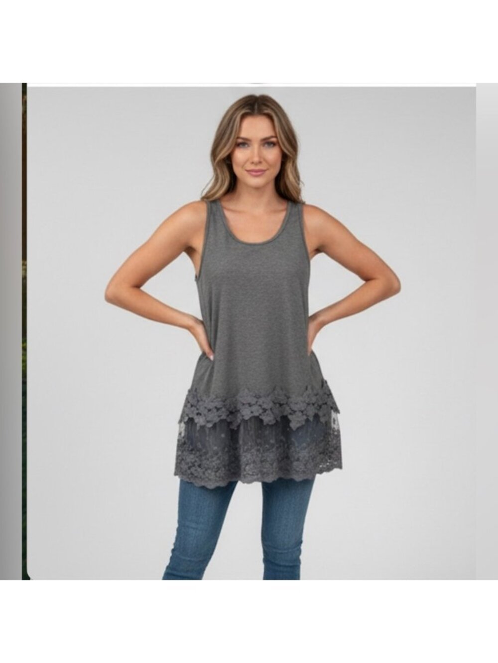 Contrast Lace Tank Top Grey